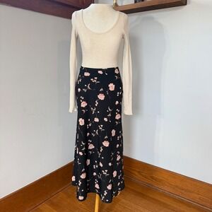 Vintage Cadell Fashions Floral Maxi Skirt Black Pink Roses Boho Cottagecore Sz 3